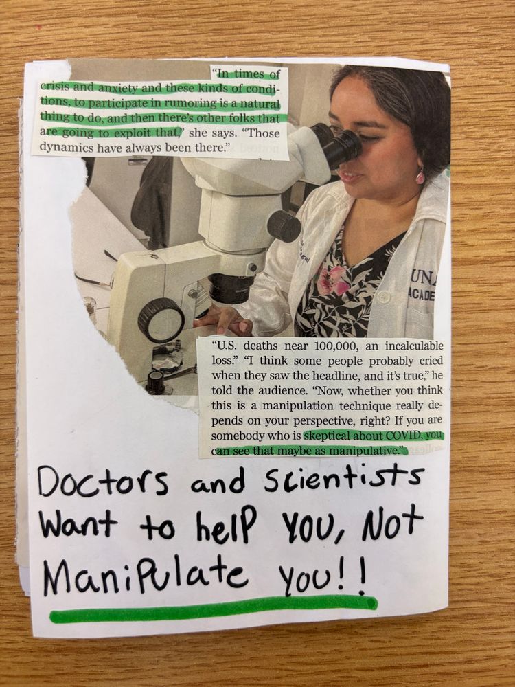 A handmade zine back page saying “doctors and scientists want to help you, not manipulate you!”