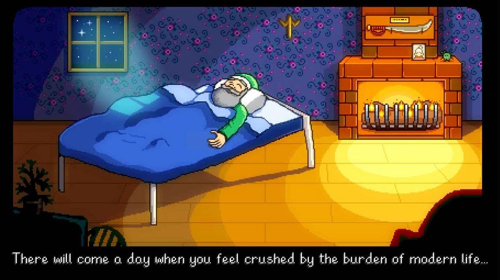 An old man in a bed by a cozy fireplace in the moonlight, with the text “There will come a day when you feel crushed by the burden of modern life.”