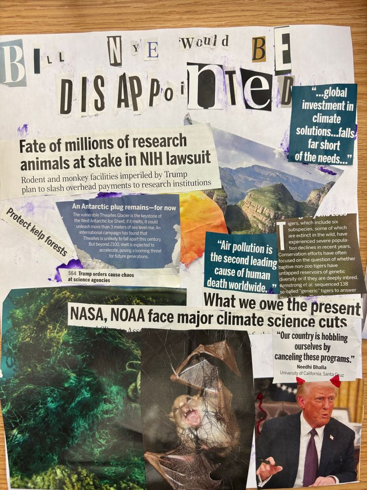 A colorful collage about Trump’s science cuts, with the title “Bill Nye would be disappointed.”