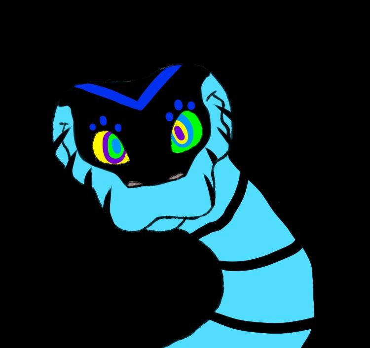 A blue serpent sways side to side in a hypnotic rhythm as his eyes are filled with mesmeric rings of color.