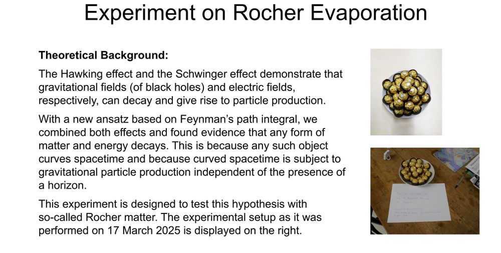 The image features a theoretical background on an experiment regarding Rocher evaporation, discussing the Hawking and Schwinger effects in relation to particle production. Two images are presented: one shows a bowl of chocolate treats and the other contains handwritten notes about the experiment.