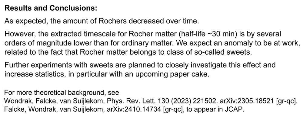 An image featuring text from a research paper discussing the results and conclusions related to "Rocher matter" and its decay over time, including future plans for experiments. References to theoretical background and publication details are also included.