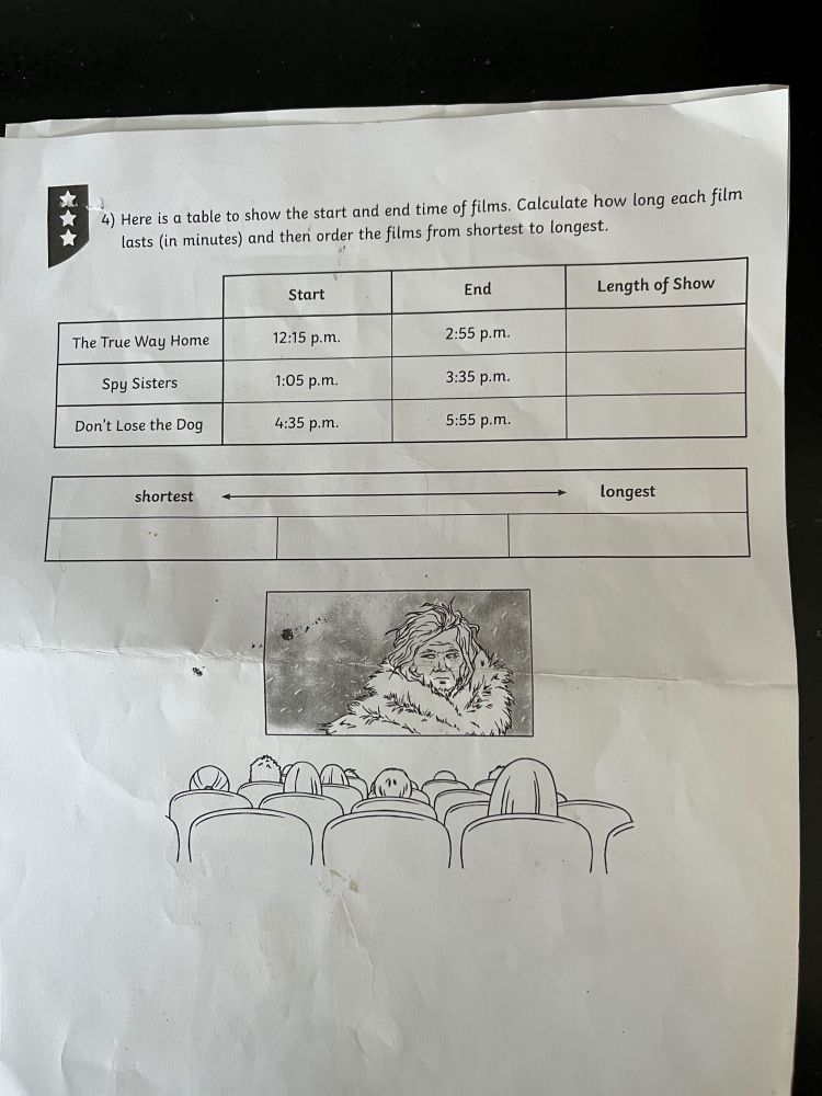 Maths homework where you have to calculate the film running times