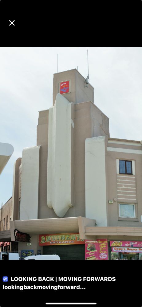Photo of the New Palace Amusement Centre in New Neighton, built in 1939 in an Art Deco style, now Adventure Land, before the front concrete moulding was destroyed.