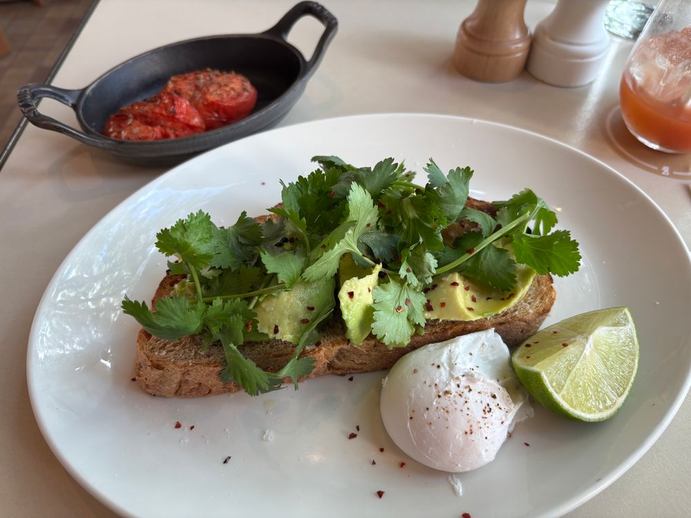 A plate with a large piece of sourdough toast, upon which sits avocado dressed with coriander. A perfectly poached egg and a wedge of lime sit alongside. 