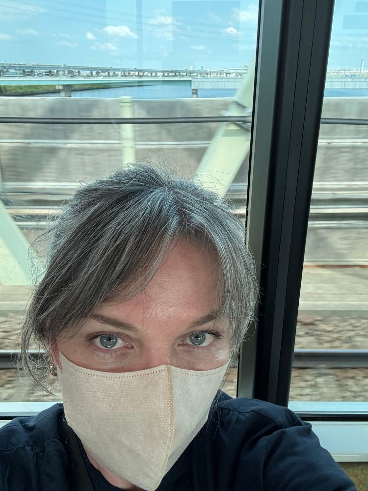 It’s a woman (me) in a mask on a train in Tokyo. Current situation. There’s a river that can be seen through the window behind. ?Arakawa river. 