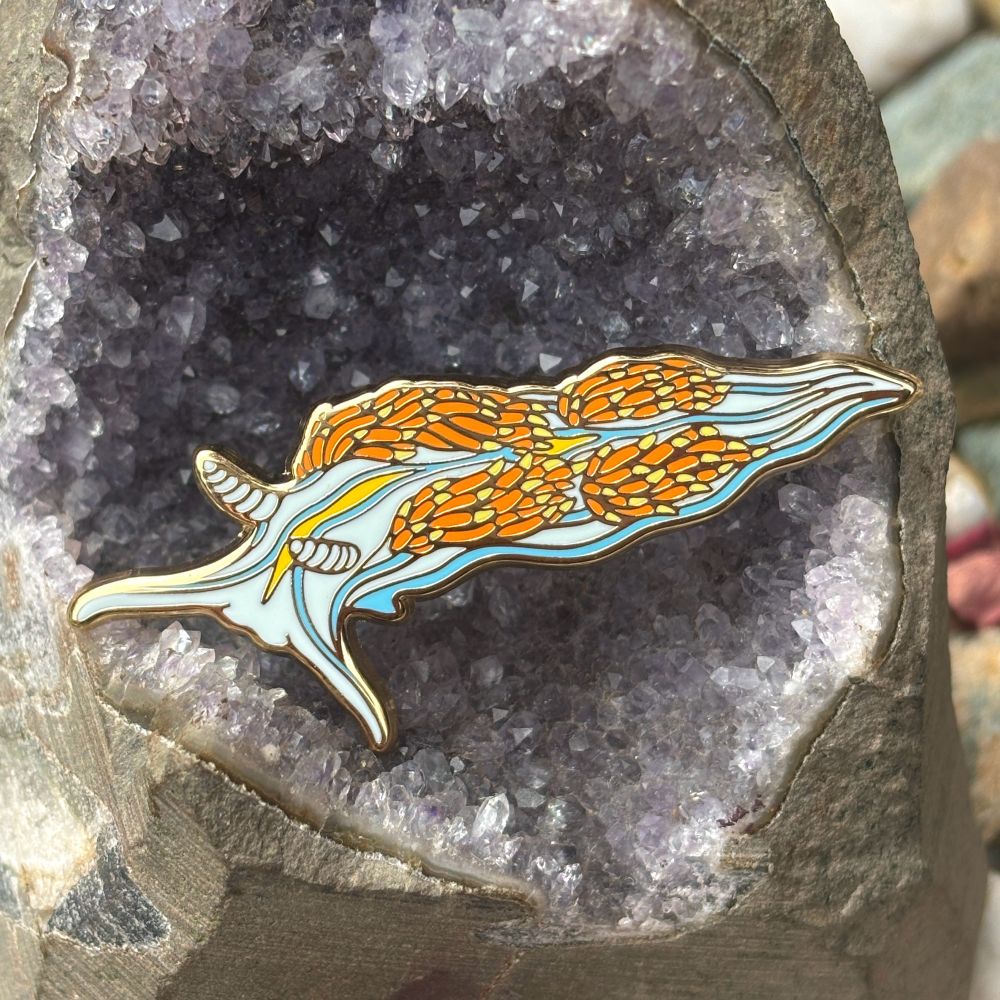 An enamel pin of an opalescent nudibranch, a colorful sea slug with a light blue body, yellow and blue stripes, and orange flame-like projections. 