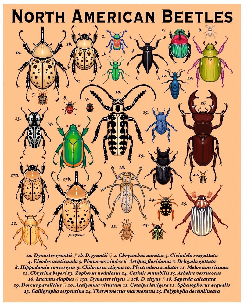 An illustration of a taxonomy poster, featuring various species of beetles found in North America on a tan-yellow background. The beetles, such as scarabs, rhinoceros beetles, stag beetles, longhorn beetles, Lady beetles, and more, are labeled by their scientific names with a key.