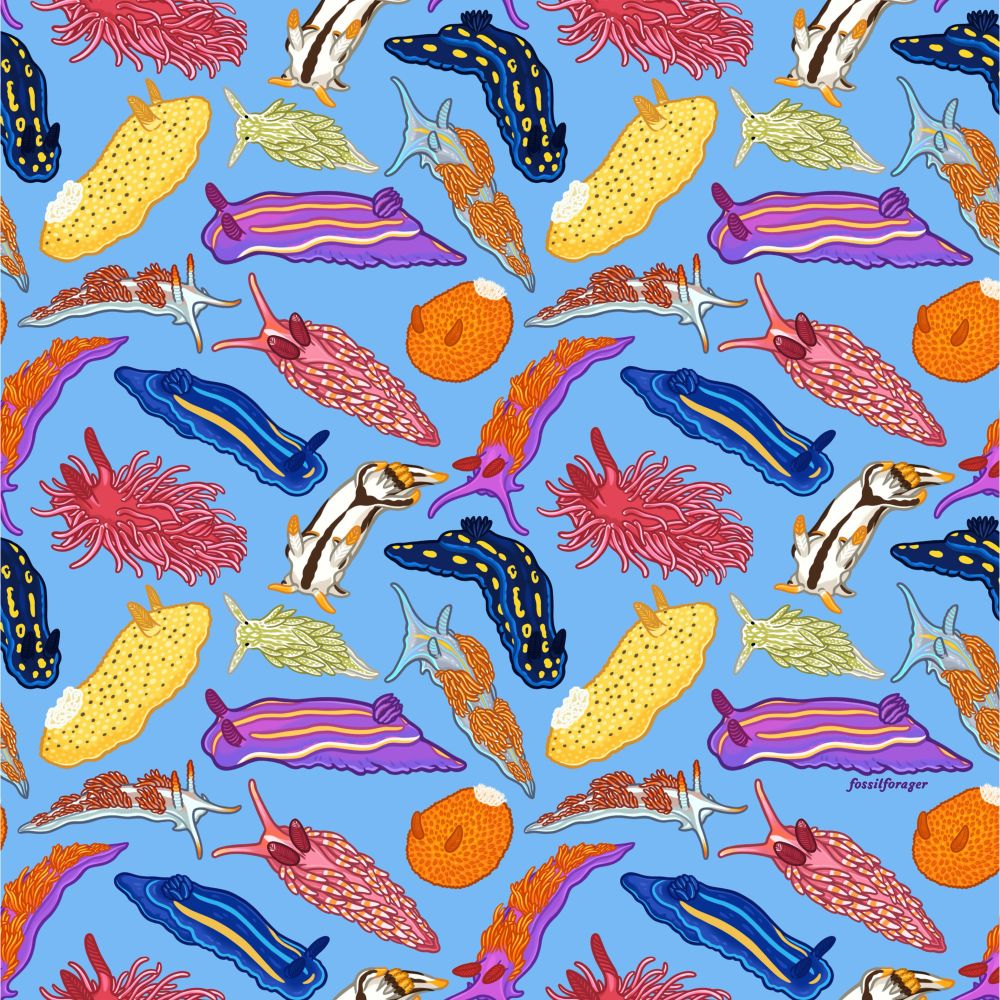 A tiled illustrated pattern featuring incredibly colorful vibrant sea slugs of different colors and shapes. They are laid out on a light vibrant blue solid background. 