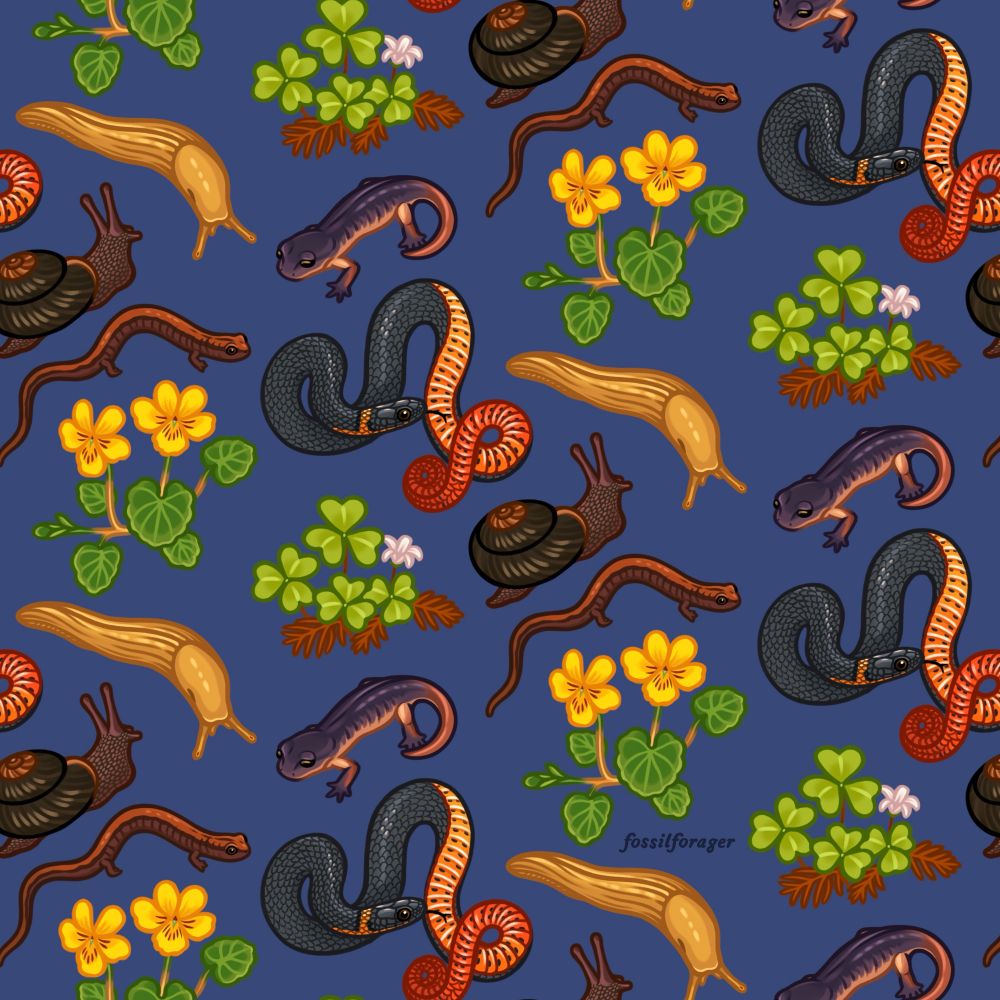 a tiled pattern of illustrations featuring redwood forest animals and plants on a dark blue background. The animals featured are a banana slug, ring-necked snake, slender salamander, ensatina, redwood sideband snail. The plants are redwood sorrel and redwood violet. 