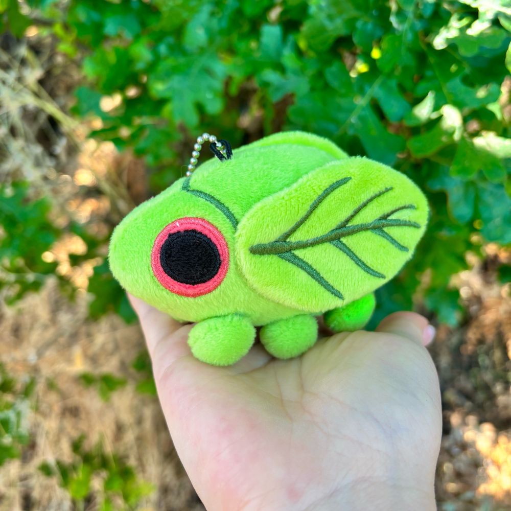 A photo of a cute green plush bug keychain being held in my hands. It has large red eyes and embroidered leaf veins on its leaf shaped wings, and round stumpy legs. 
