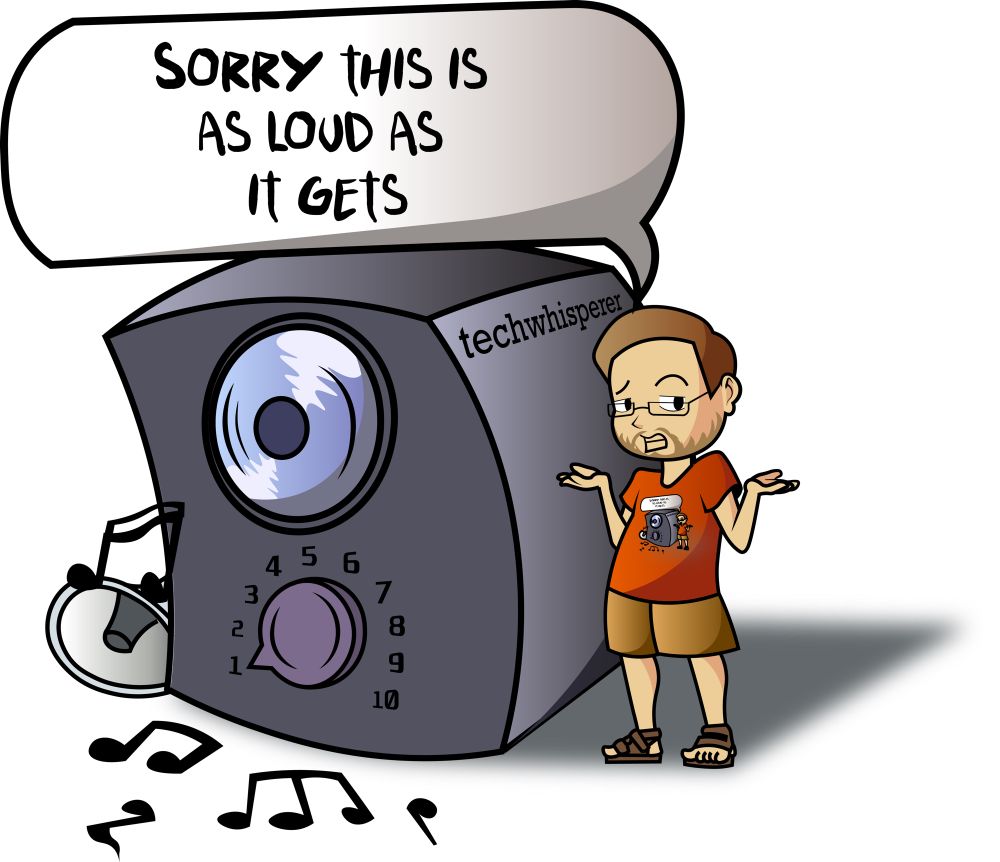 Guy with #vocalcordparalysis. Radio with volume knob stuck at one. He’s saying, “Sorry this is as loud as it gets.” He can only whisper. There’s also the word “techwhisperer” on the side of the radio. 