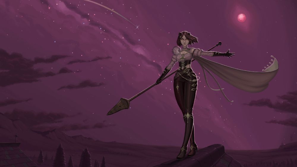 A woman with a spear, dramatically standing on the roof of a building in front of a night sky with a blood moon