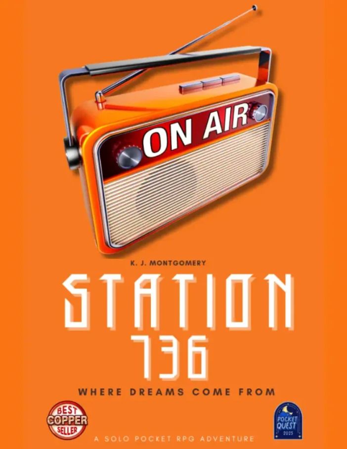 Cover for the Solo TTRPG: Station 736: Where Dreams Come From. An orange retro funky portable radio on an orange background