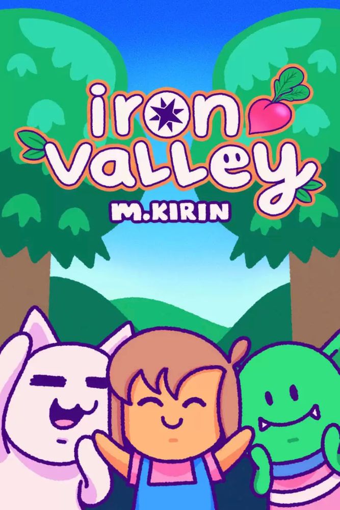 Very cute RPG cover for Iron Valley by M.Kirin. Has chibi-like cat person, human person and goblin person wearing colours representative of the trans pride flag. Looking happy and welcoming in front of two trees and a verdant green valley