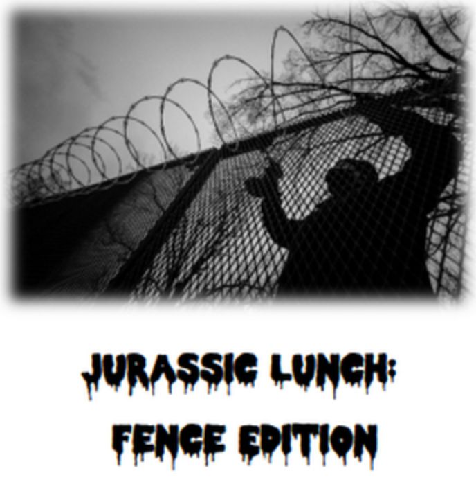 Cover for the RPG: Jurassic Lunch: Fence Edition. A black and white photo of someone working on tall chainlink fence that has barbwire coiled along the top