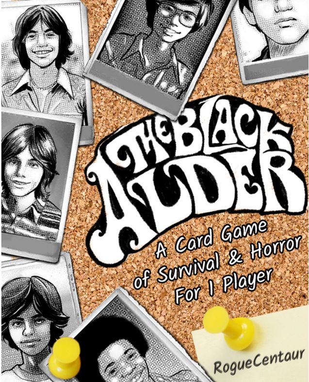 Cover for The Black Alder - a card game of survive & horror for 1 player. Half a dozen polaroid photos of young people, pinned to a corkboard