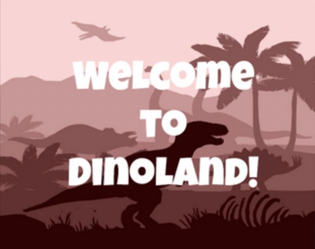 Cover for the solo RPG: Welcome to DinoLand! Minimalist silhouette images in varying browns. A t-rex in the foreground with some ribs near its feet to chow down on. Triceratops and possibly a stegosaurus behind that with two diplodocuses and a flying dinosaur and a mountain in the background
