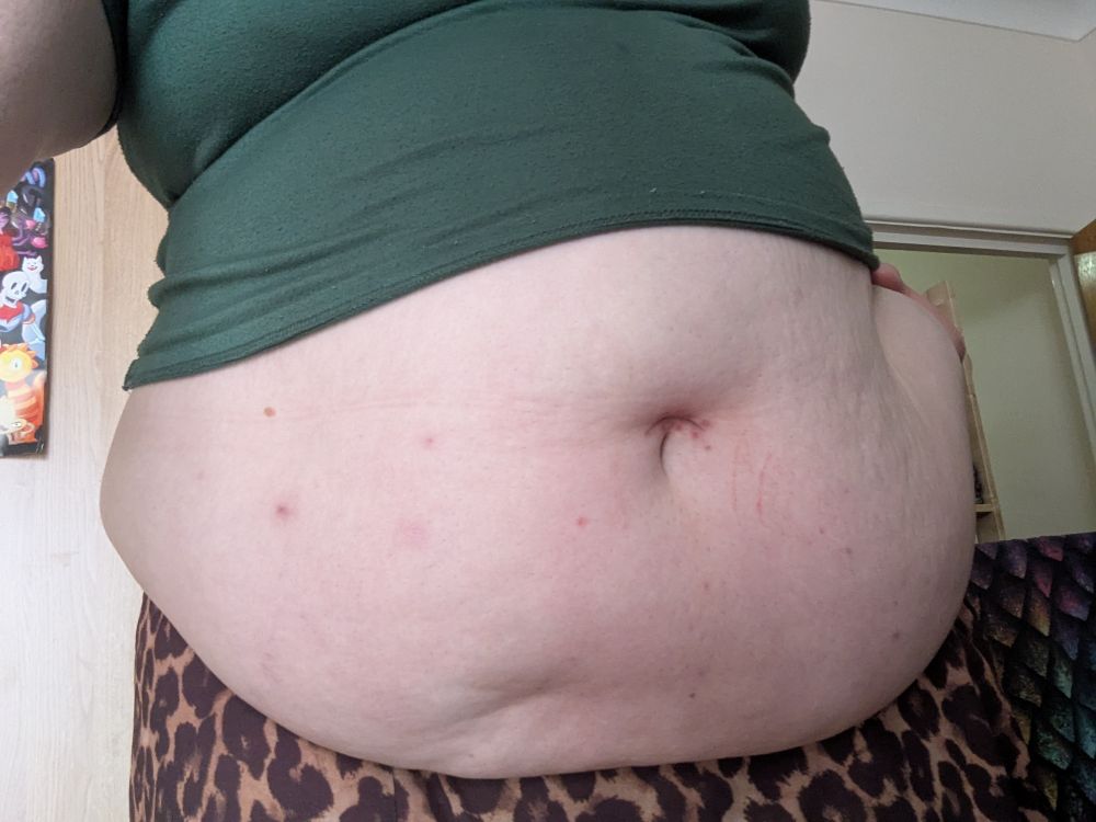 A close up of an obese white woman's belly. The camera is level with her stomach, which is exposed and hanging over her crotch, there is a minor surgical scar just above her belly button and a prominent cellulite dimple at the bottom right side of her belly apron (bottom left from camera's POV). She is wearing a green figure-hugging crop top and orange leopard print trousers. Her left hand is resting on her left love handle (our right), with her left arm obscured by her large belly, her right arm (our left) is stretched out of frame and holding the camera phone.