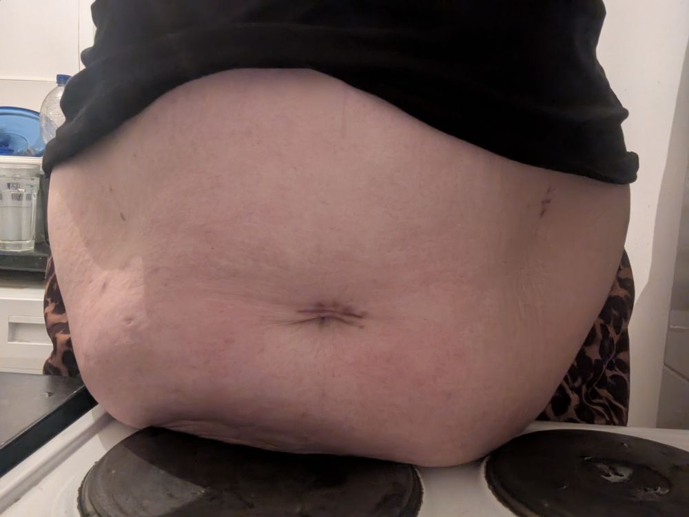 Her belly from a front facing angle, showing the bottom of her belly apron draped over the stove top. 