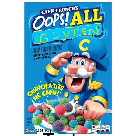 An image of the Captain Crunch Oops All Berries cereal modified poorly to read Oops All Gluten