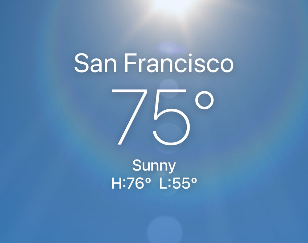 Screen capture of weather app showing San Francisco’s temperature is 75 degrees F
