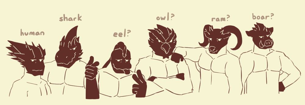 various creatures with dark, shadowy heads and arms or hands.
from left to right: human, shark, eel, owl, ram, boar