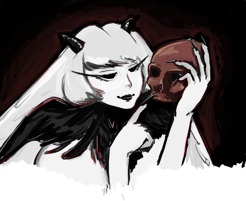A bust of @polpi.bsky.social‬'s character True Eve. She is almost compltely white, except for two small horns on her head, a large number of feathers on her next, and pitch black eyes. She is holdin up a red skull, and slowly dragging one of her fingers across it.