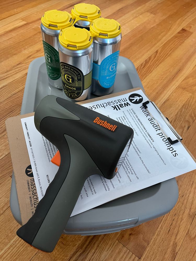 Supplies from today’s walk audit hosted by WalkMassachusetts and Beverly Bike and Pedestrian Advisory Commission. Walk audit prompt sheet, speed detector, box of clipboards, and a four pack of beer purchased to support our location, Gentile Brewing in Beverly, MA. 