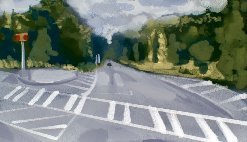 a digital illustration study of a road and tree line done in oil paint style brushes
