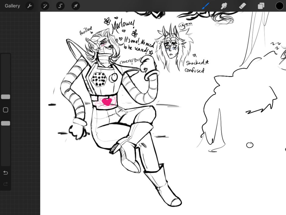 Mettaton sits with his legs crossed, looking excited and calling over his old friend who is hesitant due to Metattons new unfamiliar body. 