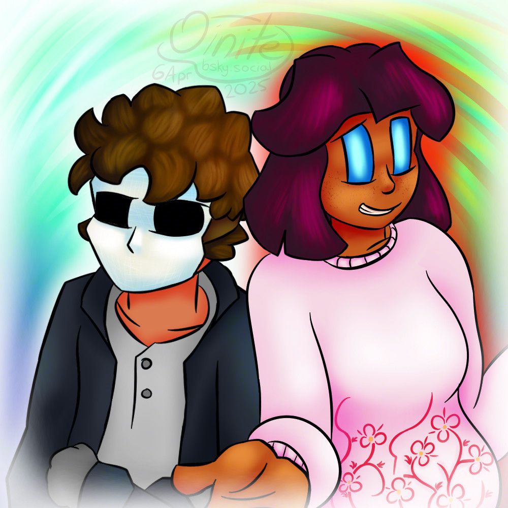 Focal subjects are Hynesyghte (to the left) and Salison (to the right), both humans looking at the viewer.

Hynesyghte is wearing a white mask, dark coat, and gray polo shirt. He is crossing his arms. Salison is wearing a light pink sweater adorned with floral patterns. She is shrugging with an awkward grin.

The background is swirly and colourful, with hints of green, teal, white, and red.

The image is signed by Oinite, dated 6 April 2025.