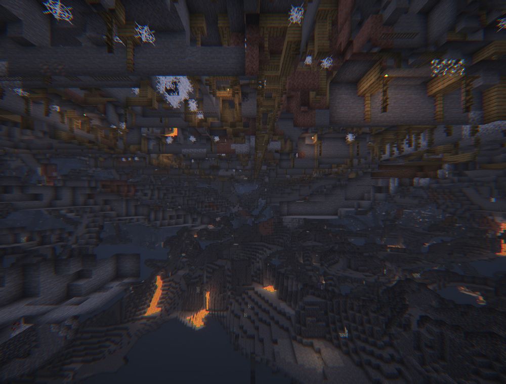 An x-ray view of Minecraft caverns, with a mineshaft above. Notably, features of both the caverns and mineshaft repeat indefinitely forward.