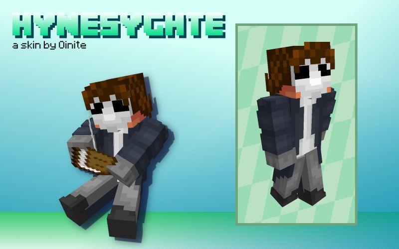A Minecraft skin showcase, titled "Hynesyghte", subtitled "a skin by Oinite".

To the left, focal subject is Hynesyghte, a blocky humanoid with a white mask and dark coat. He is holding a Book, which he is writing on with a Feather. Background is a pale blue sky with fading green ground.

To the right, Hynesyghte's skin is displayed in a standard pose - standing facing right. The background of the pose is a turquoise skewed checkerboard.