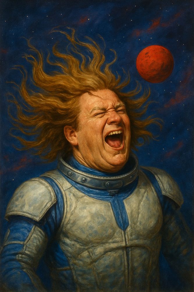 Die Romanfigur Reginald Bull (genannt Bully) aus der Science-Fiction-Heftromanserie beim Headbanging