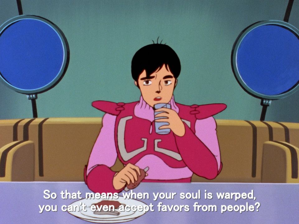 Sho Zama, in his pink pilot's uniform without the helmet on, takes a drink of water while holding a piece of anime caveman meat. he looks at the camera and says "So that means when your soul is warped, you can't even accept favors from people?"