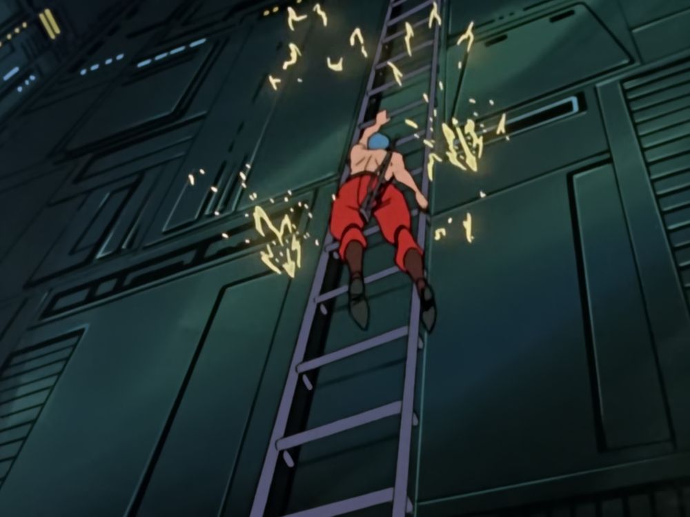 Shirtless, still shirtless with bright red pants, climbs a ladder. He's hanging on with one hand as the enemy shoots at him, sparks flying around him. Notably, he does have some very wide hips here.