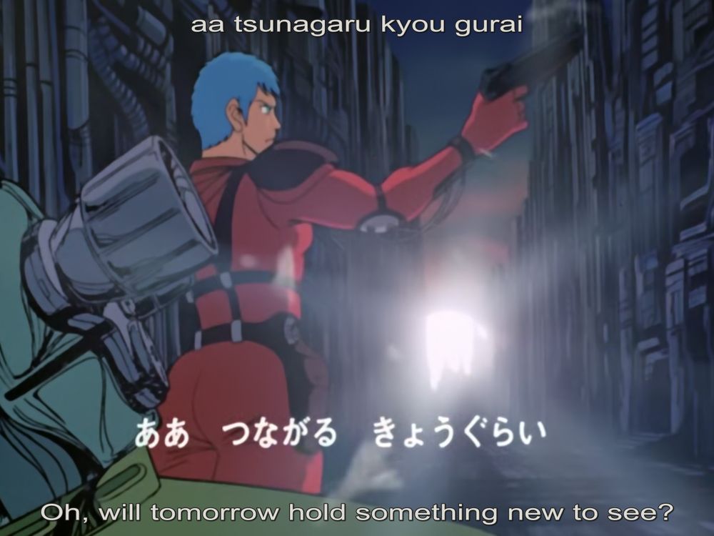 Chirico in his red pilot's suit, standing between his scopedog and the rising sun. He is facing the side, and has a gun pointed to the right, slightly raised. His ass is thick as hell in this shot.