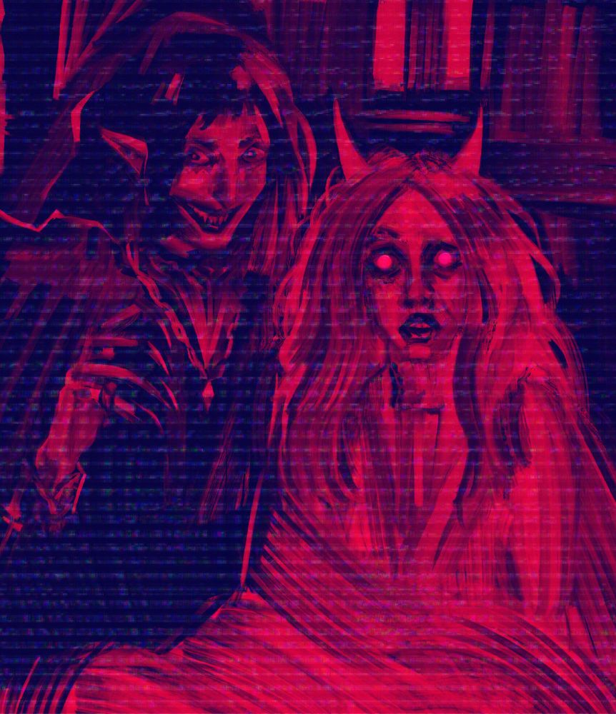I was attempting to do a hair study but found a neat reference that led me down this demonic rabbit hole. I tried out a sort of vhs filter to give the feel of analog horror. 