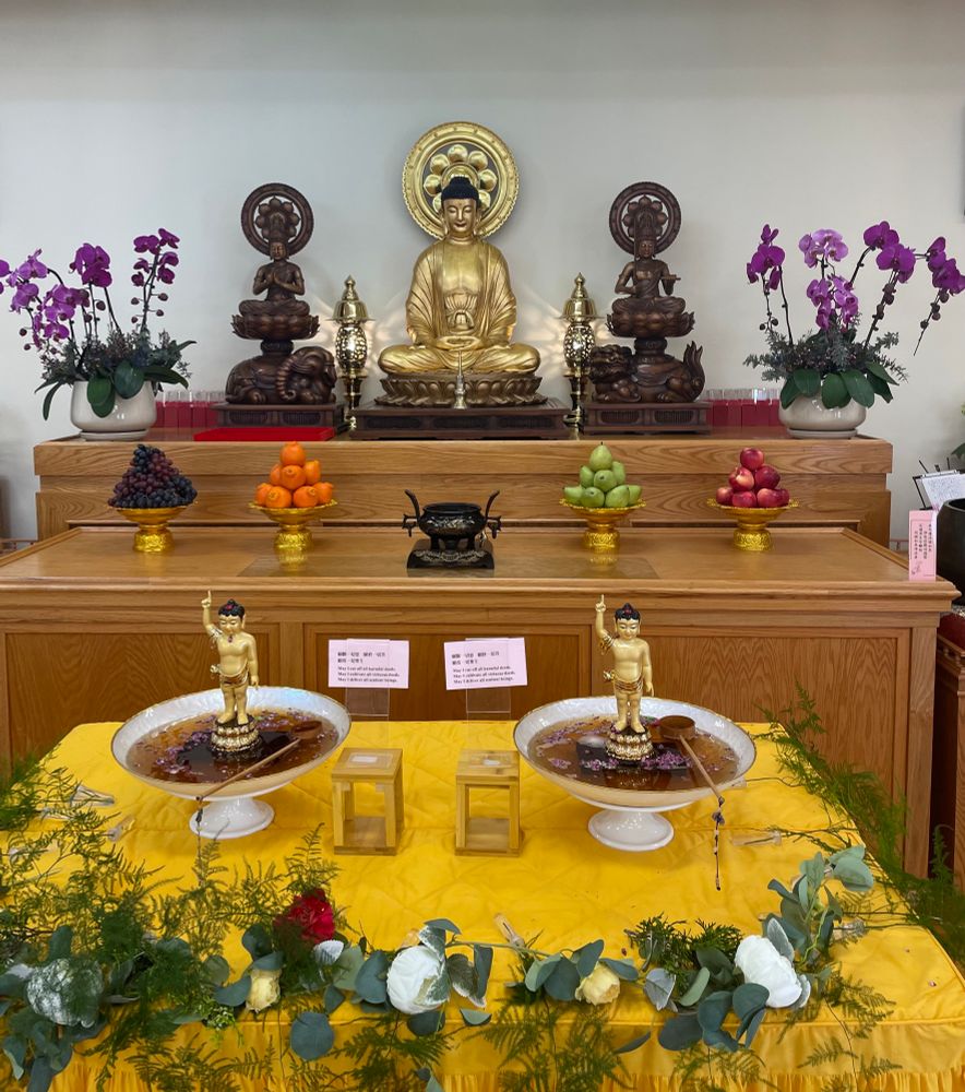 The Amida triad of statues of Amitabha Buddha, Samantabhdra to our left on an elephant, and manjusti to the right on a lion. There are four bowls of fruit in front of them and a central incense burner for offerings. On a yellow table in the foreground there are two statues of the baby Buddha holding his finger to the sky in dishes of sweet tea