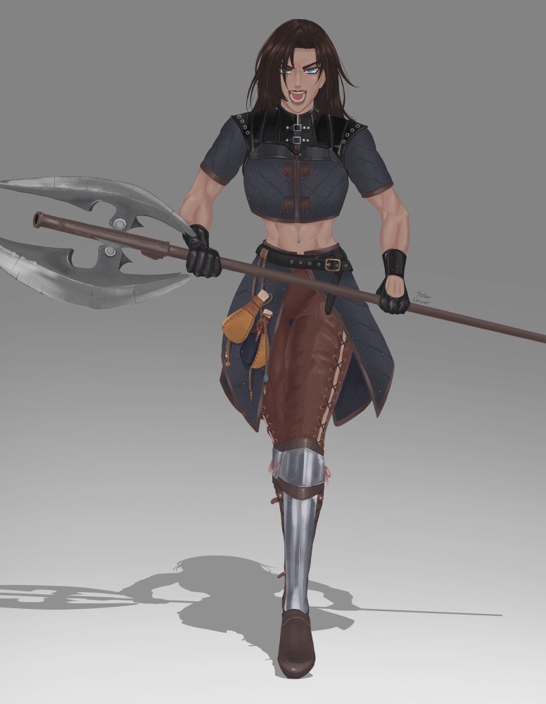 Women holding axe
Battle ready pose
Wearing armor
