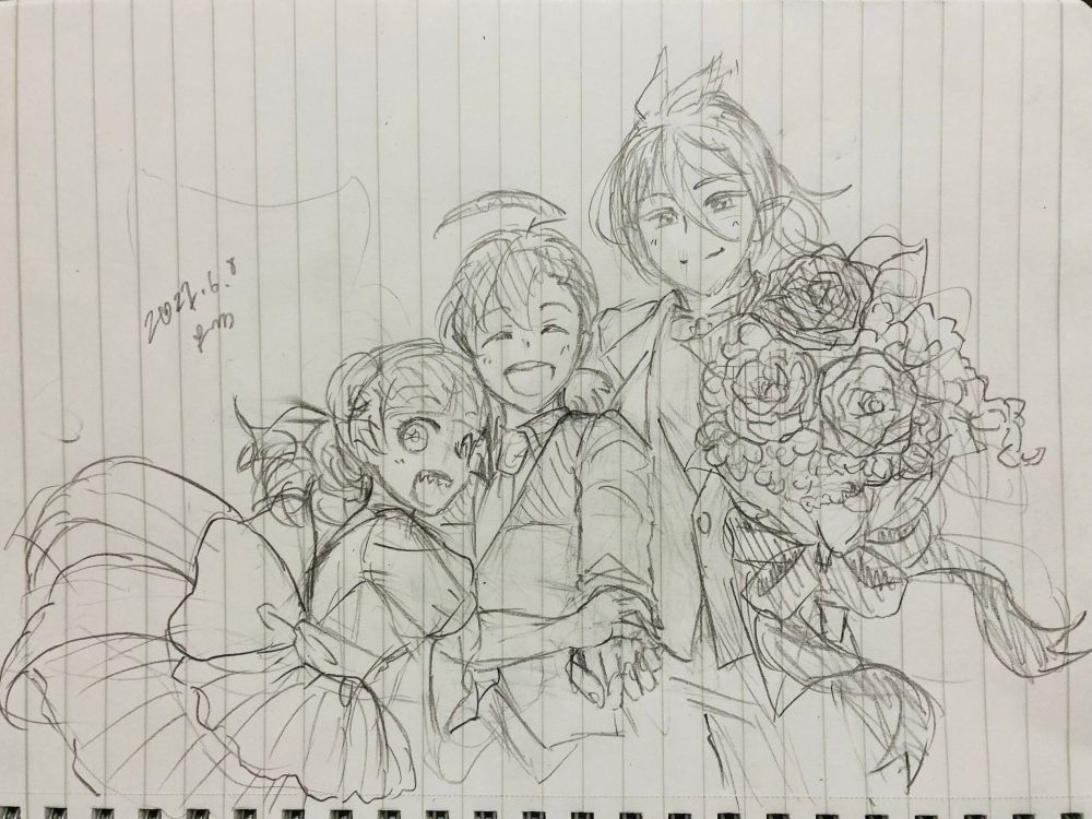 魔入りました入間くんのファンアート。ドレスアップして笑い合う、入間くん、アズアズ、クララ。