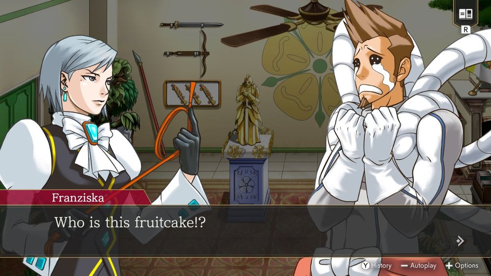 A screenshot of Ace Attorney Investigations: Miles Edgeworth with Franziska von Karma calling Larry Butz fruity as fuck