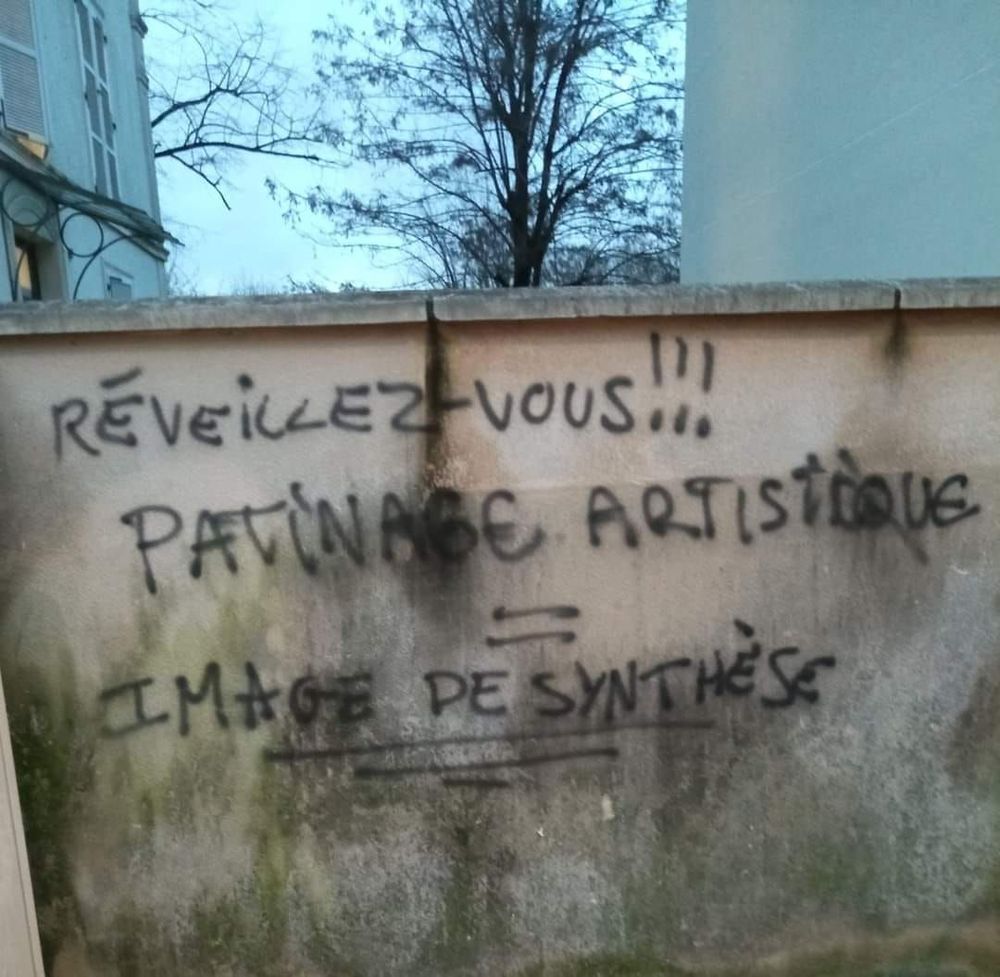 Un mur salle dans une cour d'immeuble, un arbre dépassant derrière, avec dessus un tag bien lisible : 

"RÉVEILLEZ-VOUS !!!
PATINAGE ARTISTIQUE 
=
IMAGE DE SYNTHÈSE"

la phrase "IMAGE DE SYNTHÈSE" est soulignée deux fois