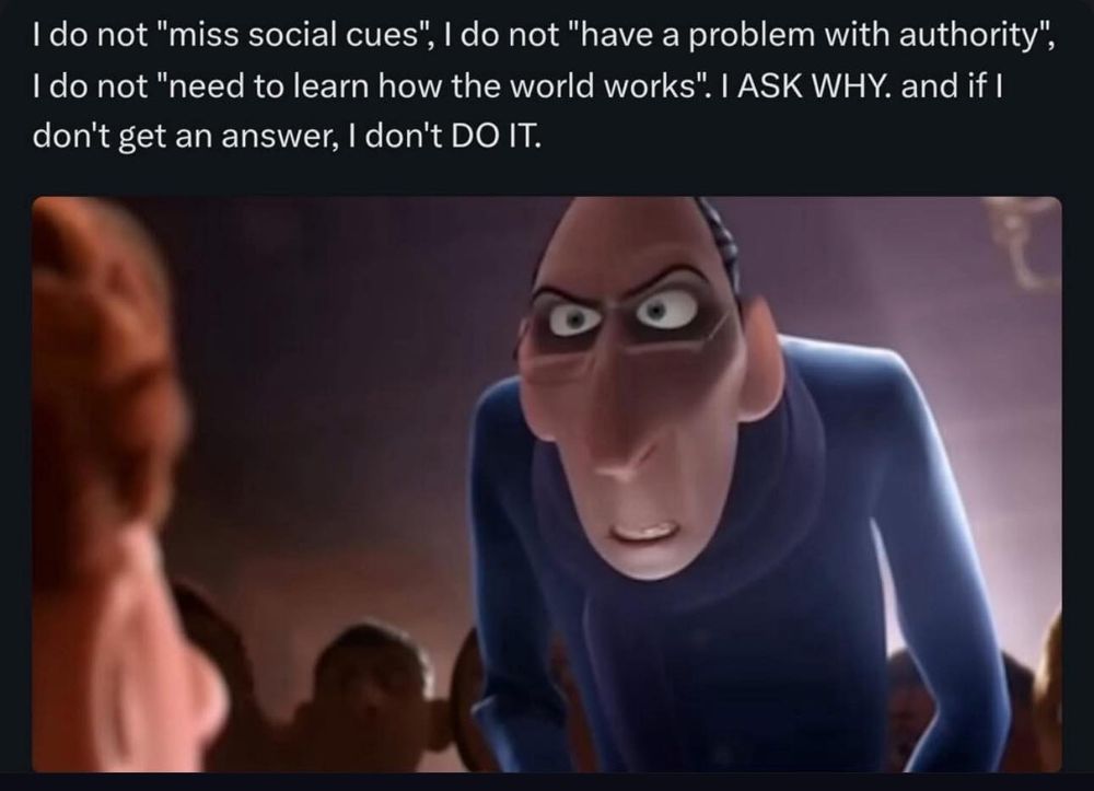 Anton Ego from RATATOUILLE in an intimidating pose saying "I do not "miss social cues", I do not "have a problem with authority", I do not "need to learn how the world works". I ASK WHY. And if I don't get an answer, I don't DO IT.