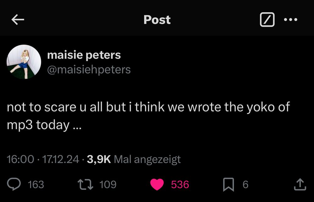 maisie peters twitter post that reads „not to scare u all but i think we wrote the yoko of mp3 today …“