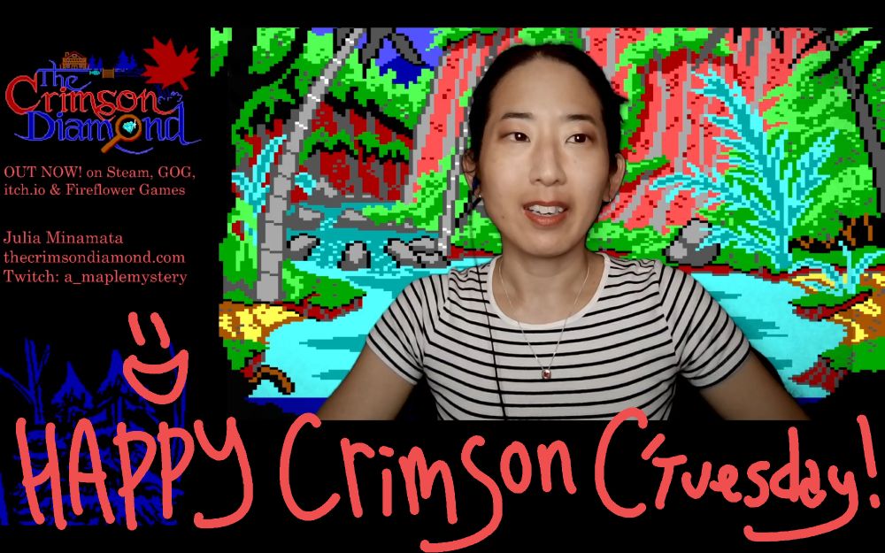 Screencap of my livestream, with "Happy Crimson C'Tuesday" handwritten across the bottom. A screenshot of Gold Rush (Sierra, 1988) is in the background. 