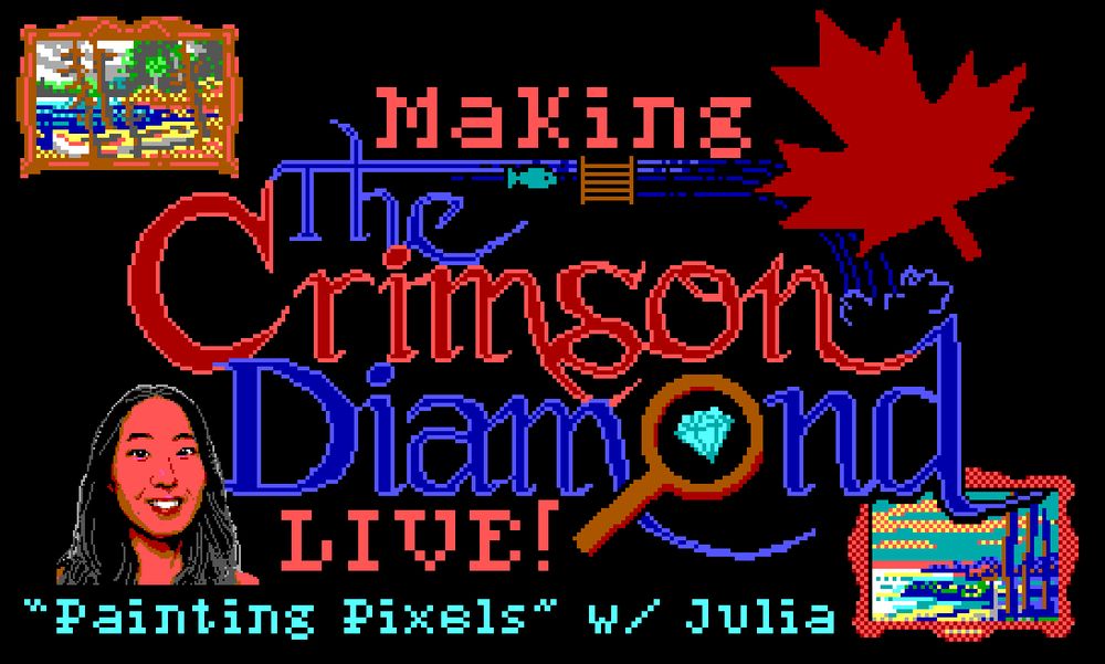 Animated gif of The Crimson Diamond logo, reading "Making The Crimson Diamond: Live! Painting Pixels with Julia". 