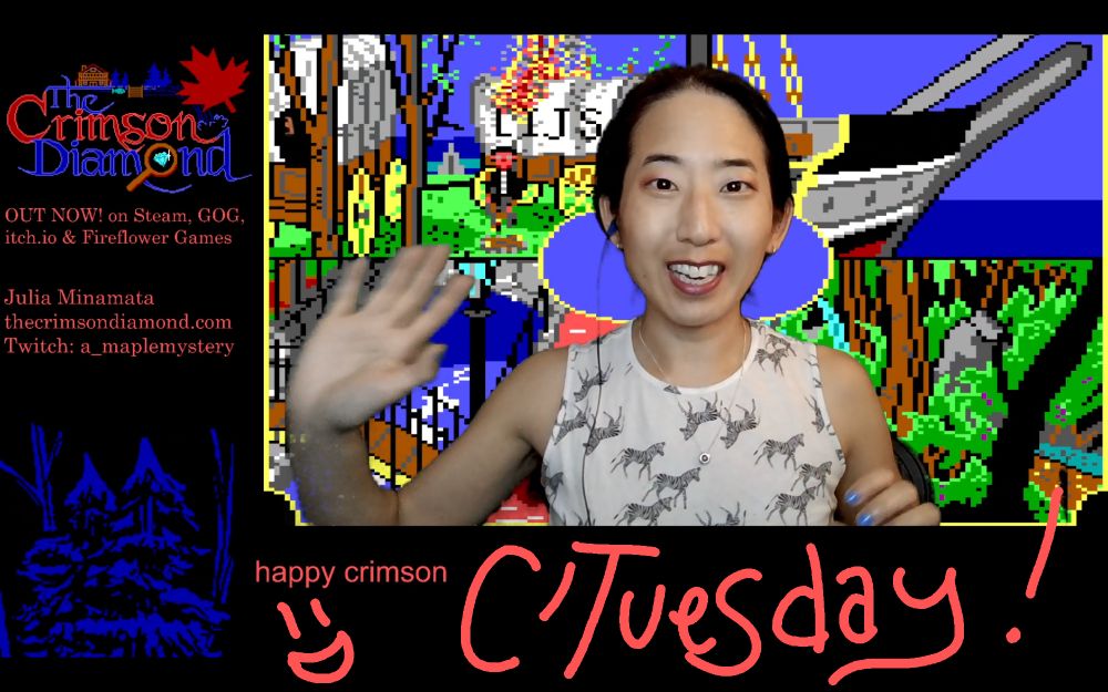 Screencap of my livestream, with "Happy Crimson C'Tuesday" handwritten across the bottom. A screenshot of Gold Rush (Sierra, 1988) is in the background. 