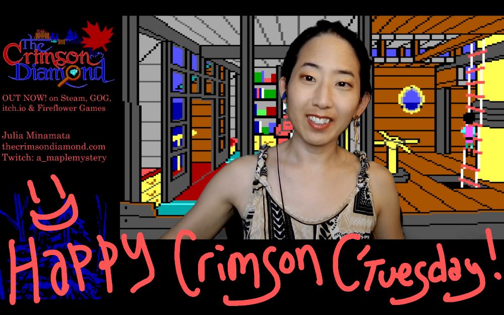 Screencap of my livestream, with "Happy Crimson C'Tuesday" handwritten across the bottom. A screenshot of King's Quest 3 is in the background. 